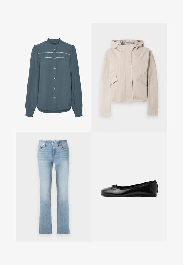 Hellbeige cropped Jacke mit einer Kapuze, einem Frontreißverschluss, zwei schrägen Seitentaschen und einem glatt strukturierten Material.; Langärmlige tealfarbene Bluse mit Knopfleiste vorne, rundem Kragen, gerafftem Passement mit Spitzenbesatz über der Brust und Ärmeln mit Bündchen.; Hellblaue Jeans mit hoher Taille, geradem Bein, Vordertaschen, Gürtelschlaufen und Kupfernieten-Details.; Schwarzer glänzender Leder-Ballerina mit niedrigem Absatz und kleiner dekorativer Schleife vorne, seitlich auf hellem einfarbigem Hintergrund gezeigt.