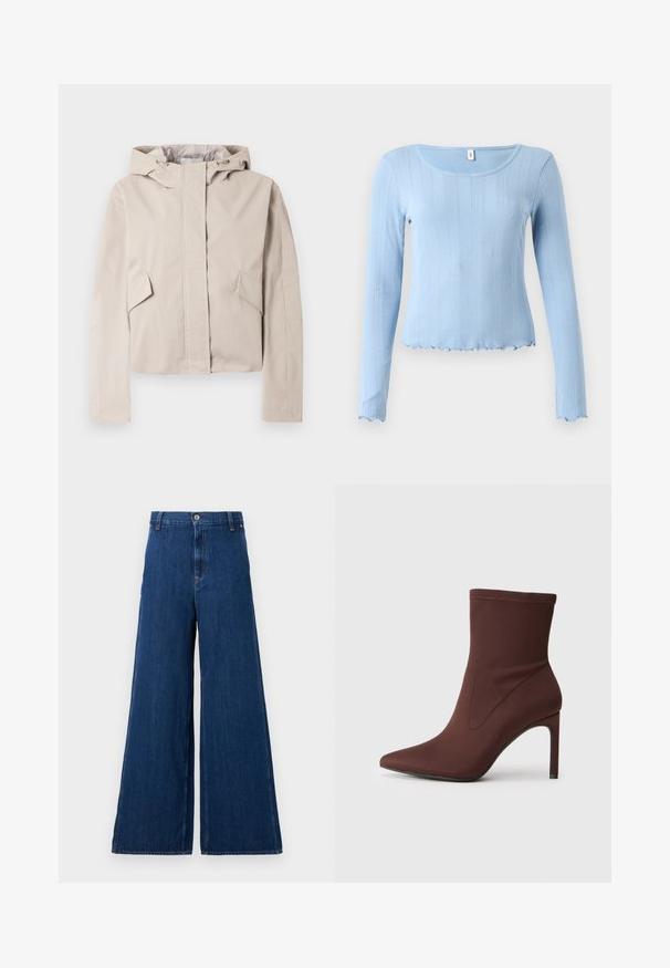 Hellbeige cropped Jacke mit einer Kapuze, einem Frontreißverschluss, zwei schrägen Seitentaschen und einem glatt strukturierten Material.; Hellblaues, geripptes Langarmshirt mit rund ausgeschnittener Halslinie und wellenförmigem Saum. Hergestellt aus weichem Material mit einem dezenten Strukturmuster.; Replay PANTS - Jeans Straight Leg - dark blue; Braune Stretch-Stoff-Ankle-Boots mit spitzer Zehe und 10 cm hohen Stiletto-Absätzen. Nahtdetails an den Seiten, glatte Textur und keine sichtbaren Verschlüsse.