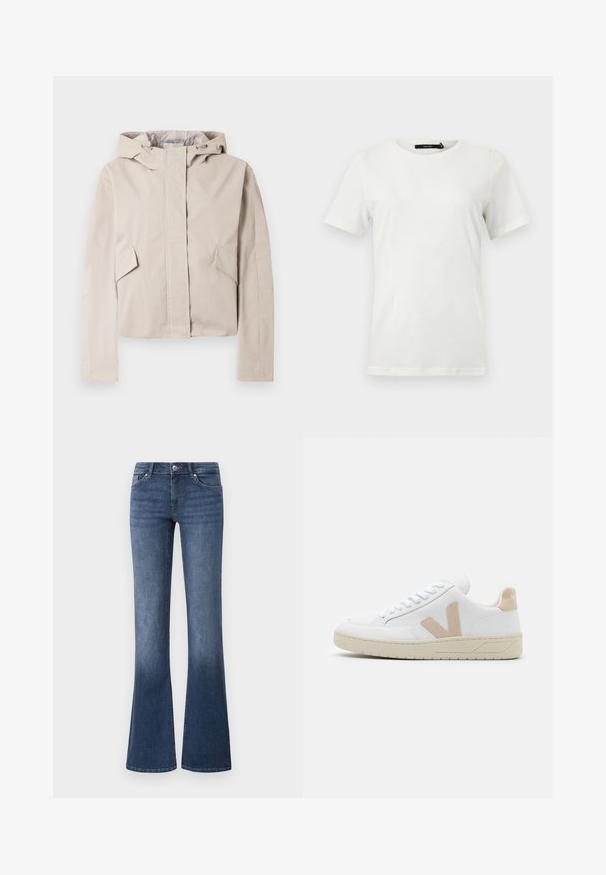 Lyse beige cropped jakke med hætte, der har en lynlås foran, to skrå sidelommer og glat tekstureret materiale.; Simpel hvid T-shirt med korte ærmer og rund hals med lige kant, vist fladt mod en lys baggrund.; Flared blå jeans lavet af denim, med en mellem vasket farve, fem lommer og en lynlås med knaplukning. Glat tekstur.; Hvide sneakers med beige suede detaljer, rund tå og hvide snørebånd. Tekstureret gummisål og logo detaljer på hælen.