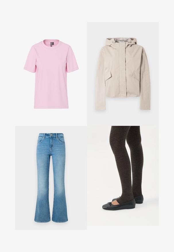 Chaqueta corta color beige claro con capucha, que cuenta con una cremallera frontal, dos bolsillos laterales inclinados y un material de textura suave.; Camiseta rosa claro de manga corta con cuello redondo, dobladillo recto y etiqueta visible de la marca en el interior del cuello.; Jeans de campana en denim azul claro con bolsillos frontales, presillas para cinturón y cierre de botón sobre un fondo blanco.; Piernas con leggings oscuros acanalados combinados con bailarinas negras que presentan pequeños detalles de lazo sobre un fondo blanco.