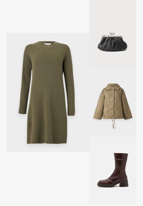 Kudumi rohelises oliivi värvitoonis, millel on struktureeritud krae, suured nööbid ja reguleeritav nöör alläärselt. Omab kontrastset taskuäärist.; CLOSED CREW NECK DRESS LONG SLEEVE - Kampsunkleit - forest green; MIISTA MALENE - Klassikalised poolsaapad - brown; Musthave musta nahast käekott, millel on volditud tekstuur, hõbedane metallraam, lukustatud sulgemismehhanism ja kett. Sile ja pehme pind.