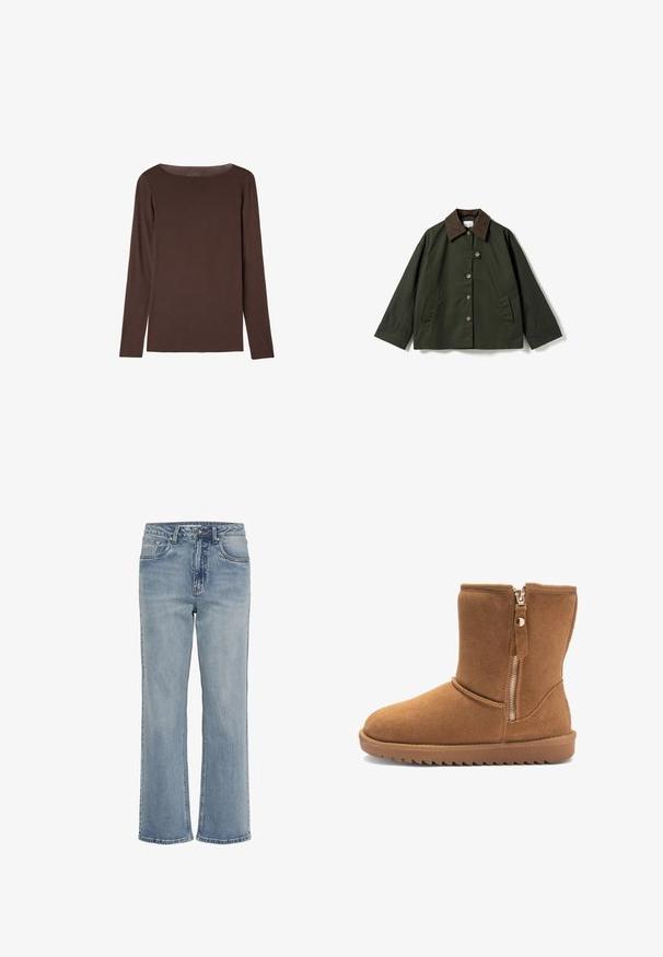 Chaqueta exterior verde con un cuello de pana marrón, que presenta un cierre de botones y bolsillos laterales; hecha de un tejido liso y duradero.; Camiseta marrón de manga larga con cuello redondo, diseño simple y ajustado, sin patrones ni logotipos visibles.; Vaqueros de mezclilla azul claro con un diseño de pierna recta, cintura alta, estilo de cinco bolsillos y dobladillos ligeramente deshilachados. Detalles de costura clásica en toda la prenda.; Bota de gamuza marrón hasta media pantorrilla con cremallera lateral y suela plana de goma con dibujo dentado para mayor agarre.