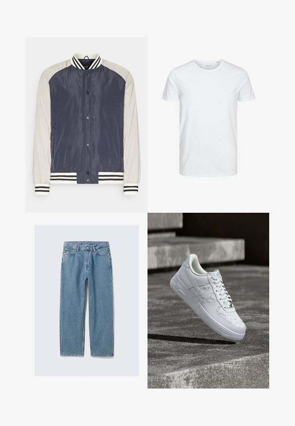 Marineblauwe en lichtgrijze bomberjack met een drukknoopsluiting aan de voorkant, gestreepte ribbels bij de mouwen en onderkant, en een gladde, glanzende stoftextuur.; Ronde hals kortemouwen t-shirt in effen wit, gemaakt van zachte katoen, heeft een eenvoudig ontwerp zonder zichtbare patronen of accenten.; Lichtblauwe rechte spijkerbroek met voorzakken, riemlussen en een knoopsluiting op een effen achtergrond.; Witte Nike Air Force 1 sneaker met gegraveerde sterrenpatronen en een metalen ster-veterbedel, zwevend boven een betonnen oppervlak.