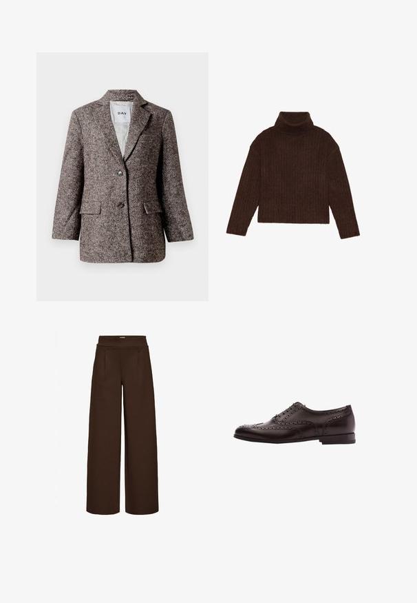 Brun blazer med fiskebensmønster, to knapper, slagkrave og sidelommer. Fôr indvendigt, stof af mellem vægt.; Brun ribbet turtleneck sweater med lange ærmer og cropped silhuet, med et tykkere, struktureret strikdesign.; Brune vide bukser lavet af glat stof, med en høj talje og to frontfolder, designet til en løs pasform.; Brune læder dress sko med brogue-detaljer, snørebånds lukning, rund tå og en lav stablet hæl. Poleret finish og indviklede perforeringer.