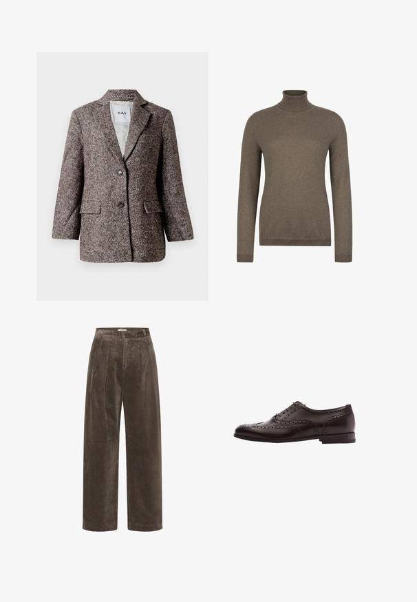 Blazer marron à motif chevron avec deux boutons, col en pointe et poches latérales. Intérieur doublé, tissu de poids moyen.; Pull à col roulé marron à manches longues avec col, poignets et ourlet côtelés, présenté sur un fond blanc.; Pantalons larges en velours côtelé marron avec plis, présentant une texture douce et une taille mi-haute. Les finitions d'ourlet sont propres et droites.; Chaussure habillée en cuir marron avec des détails de brogue, fermeture à lacets, bout arrondi et un petit talon empilé. Fini poli et perforations complexes.