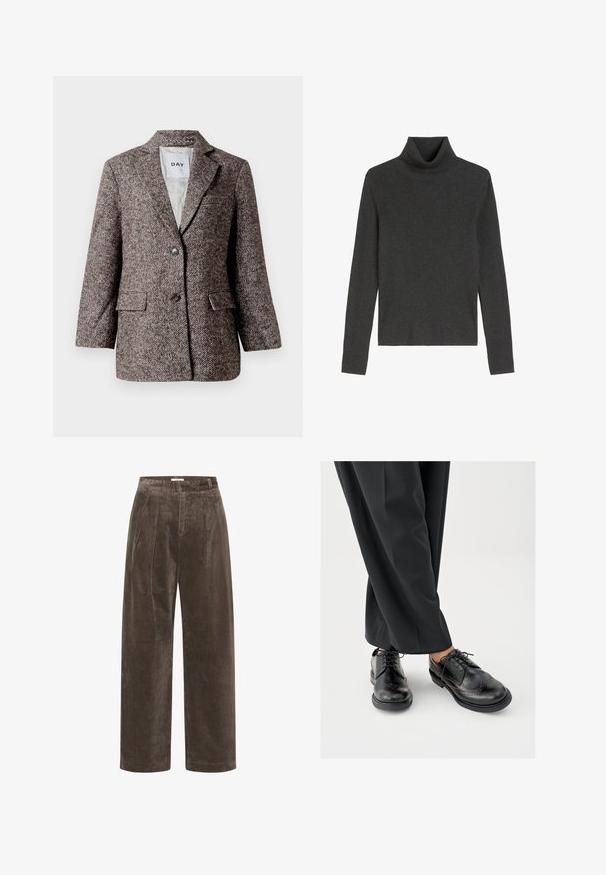 Blazer marrón con patrón de espiga, dos botones, solapa con muesca y bolsillos laterales. Interior forrado, tejido de peso medio.; Suéter de cuello alto en gris oscuro con textura acanalada, mangas largas y aberturas en los costados del dobladillo. Confeccionado en una suave tela de punto.; Pantalones de pana marrón de pierna ancha con pliegues, que presentan una textura suave y una cintura de altura media. Los acabados del dobladillo son limpios y rectos.; Zapatos de cuero negro con puntera puntiaguda, perforaciones decorativas y costuras marrones. Combinados con pantalones negros sueltos.