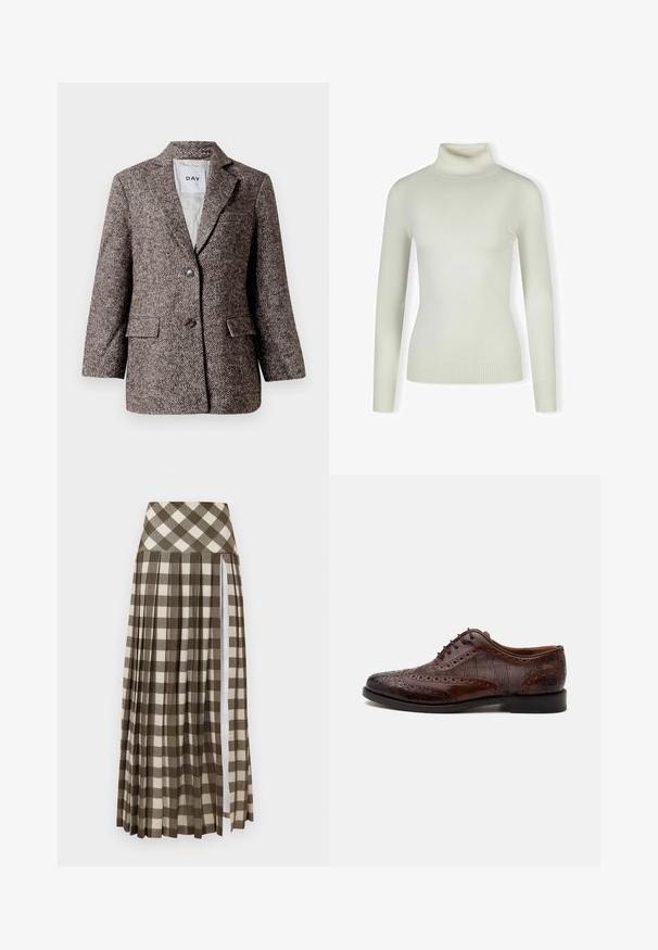 Bruine blazer met visgraatpatroon, twee knopen, met een notch-lapel en zijzakken. Voering van binnen, stof van gemiddelde zwaarte.; Lichtkleurige coltrui van zacht, ribbelstof; aansluitend ontwerp met lange mouwen en een gestructureerde zoom. Geen patronen of accenten.; Lange, geplooide rok met een bruin en beige geruit patroon. Hoge taille ontwerp met een zijsplits en een zachte stofstructuur.; Bruine leren herenschoen met vleugelstuk, brogue-details en geruite stoffen zijpanelen, zijaanzicht op een witte achtergrond.