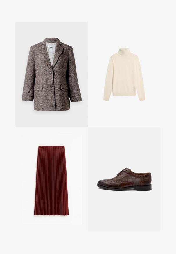 Bruine blazer met visgraatpatroon, twee knopen, met een notch-lapel en zijzakken. Voering van binnen, stof van gemiddelde zwaarte.; Roomkleurige, coltrui met lange mouwen, geribbelde manchetten en zoom, plat neergelegd op een witte achtergrond.; Plissé midi-rok in diep rood, met een gestructureerde stof en gelijkmatig verdeelde verticale plooien. De zoom valt rond de middenkuit.; Bruine leren herenschoen met vleugelstuk, brogue-details en geruite stoffen zijpanelen, zijaanzicht op een witte achtergrond.