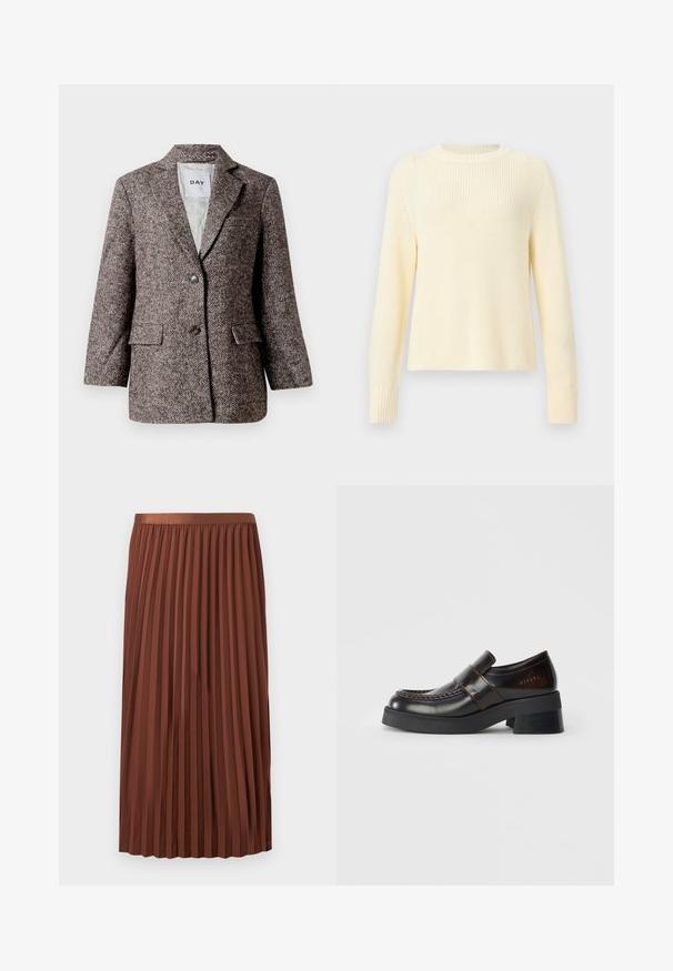 Blazer marron à motif chevron avec deux boutons, col en pointe et poches latérales. Intérieur doublé, tissu de poids moyen.; Pull en tricot couleur crème avec manches longues, poignets côtelés et encolure ronde sur un fond gris clair.; Jupe plissée marron mi-longue avec taille élastique, suspendue à plat sur un fond blanc.; Mocassins en cuir marron avec un large talon noir, présentant un design cousu et une sangle traversant le dessus pour un détail supplémentaire.