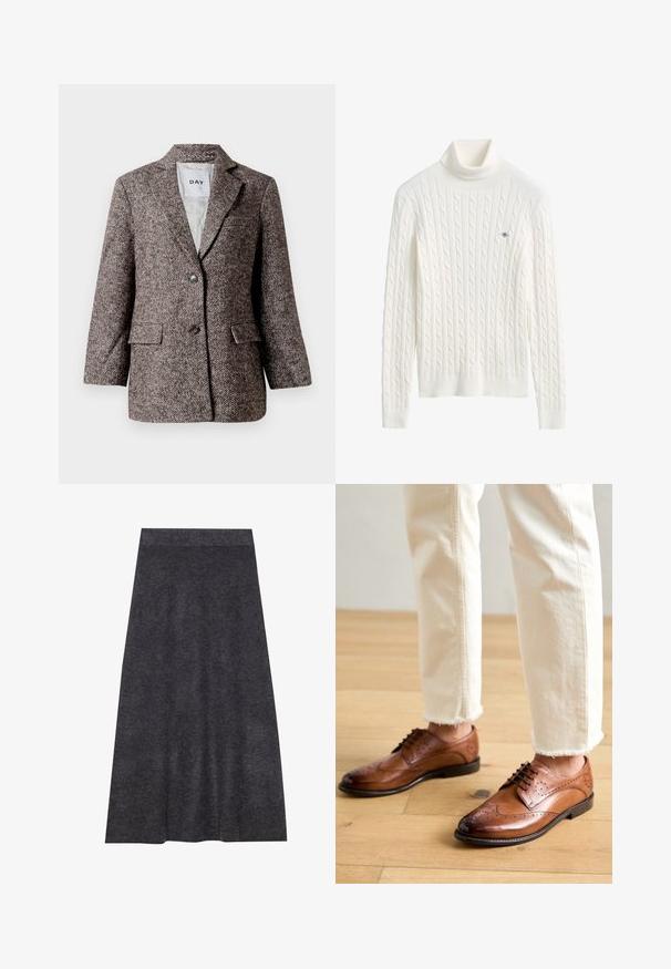 Blazer marron à motif chevron avec deux boutons, col en pointe et poches latérales. Intérieur doublé, tissu de poids moyen.; Pull à col roulé en maille torsadée blanche avec manches longues et petit logo brodé sur la poitrine.; Jupe en maille gris foncé, longueur genou, avec une texture lisse et une ceinture. Silhouette en A avec un ourlet uniforme, conçue pour le confort et la polyvalence.; Chaussures brogues en cuir marron avec des détails perforés, bout arrondi et finition lisse, associées à un pantalon crème à ourlet effiloché.