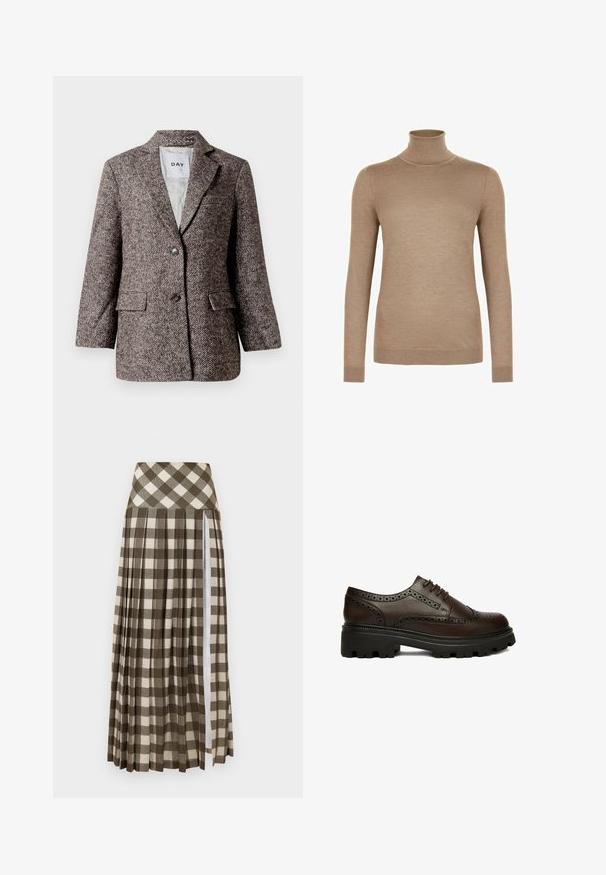 Brun blazer med fiskebensmønster, to knapper, slagkrave og sidelommer. Fôr indvendigt, stof af mellem vægt.; Beige langærmet tætsiddende rullekravesweater med ribkanter ved ærmer og kant, vist på hvid baggrund.; Lang, plisseret nederdel med et brunt og beige ternet mønster. Høj talje-design med en sideslids og blød stoftekstur.; Mørkebrun læder brogue sko med perforerede detaljer og tyk sort rillesål, set fra siden på hvid baggrund.