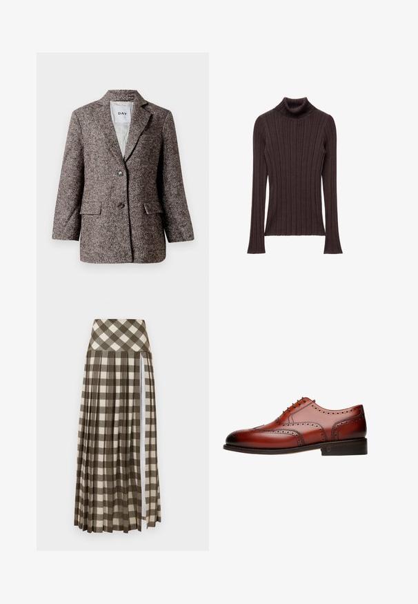 Bruine blazer met visgraatpatroon, twee knopen, met een notch-lapel en zijzakken. Voering van binnen, stof van gemiddelde zwaarte.; Donkerbruine geribde coltrui met een nauwsluitende kraag en lange mouwen, met een textuurstof en een rechte zoom.; Lange, geplooide rok met een bruin en beige geruit patroon. Hoge taille ontwerp met een zijsplits en een zachte stofstructuur.; Bruine leren brogue schoen met ingewikkelde geperforeerde details, ronde neus en hak. Beschikt over een vetersluiting en een gladde afwerking.