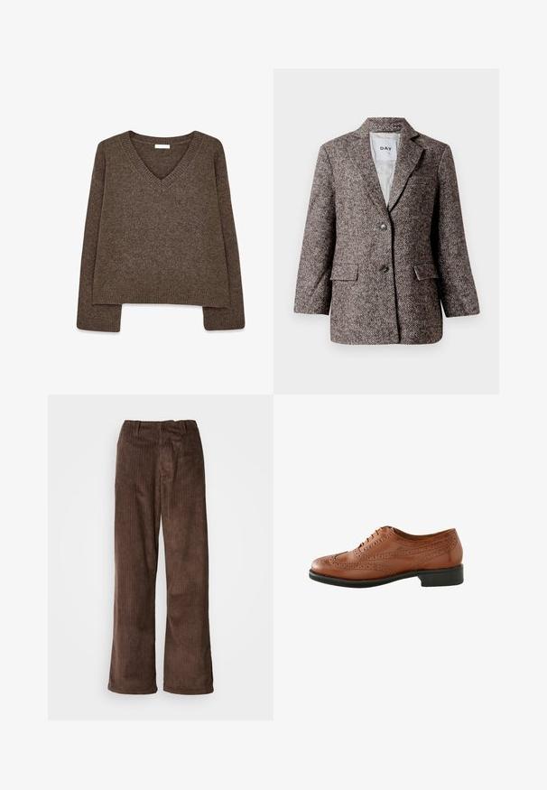 Brun blazer med fiskebensmønster, to knapper, slagkrave og sidelommer. Fôr indvendigt, stof af mellem vægt.; Brun strikket sweater med V-hals, langeærmer, let cropped design og ribbet kant. Blød tekstur med en glat finish.; Brune fløjl bukser med en bred benudskæring, der har lodrette ribber og en talje. Stoffet har et blødt, tekstureret udseende.; Brune læder brogue sko med perforeret detaljer, rund tå og en lav sort hæl. Designet med en klassisk snøring.