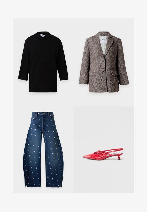 Brauner Blazer im Fischgrätmuster mit zwei Knöpfen, eingeklapptem Revers und seitlichen Taschen. Futter im Inneren, mittelschwerer Stoff.; Schwarzer Strickpullover mit hohem Kragen und kurzen, breiten Ärmeln. Glatte Textur, minimalistisches Design und kastige Form.; Weit geschnittene, dunkelblaue Jeans aus Denim mit gleichmäßig über den Stoff verteilten Metallösen.; Rote Slingback-Pumps aus Lackleder mit spitz zulaufender Spitze, zwei dekorativen Schnallenriemen und niedrigem Kegelabsatz. Glatte Textur und glänzende Oberfläche.