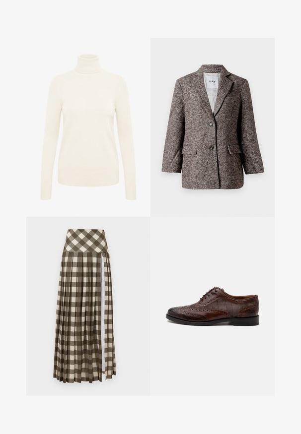 Blazer marron à motif chevron avec deux boutons, col en pointe et poches latérales. Intérieur doublé, tissu de poids moyen.; Pull à col roulé crème fabriqué à partir d'un tissu en maille doux. Il dispose de manches longues et de poignets et d'un ourlet côtelés.; Jupe longue plissée avec un motif à carreaux marron et beige. Conception taille haute avec une fente sur le côté et une texture de tissu douce.; Chaussure habillée homme à bout golf en cuir marron avec détails brogue et panneaux latéraux en tissu à carreaux, vue de côté sur fond blanc.