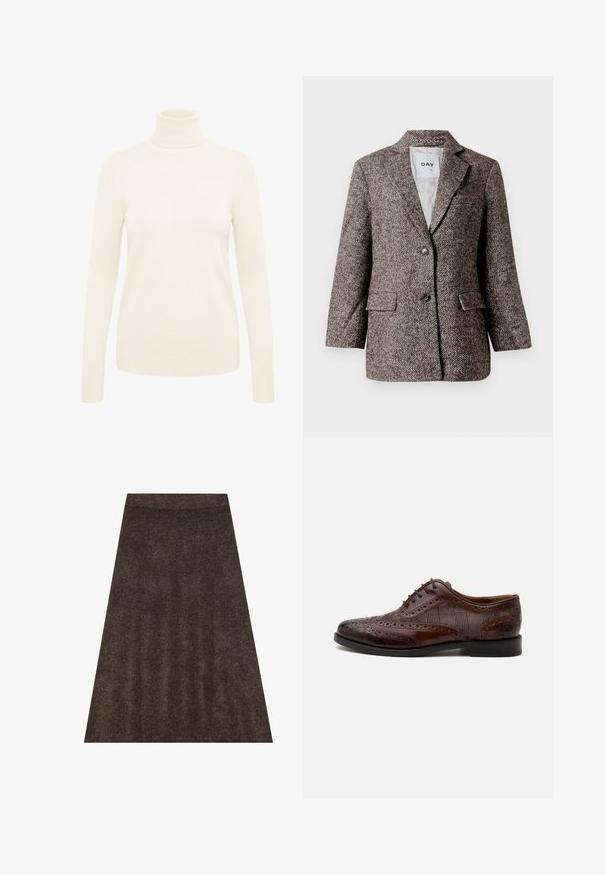 Hnedý blazer s vzorom rybia kosť, so zapínaním na dva gombíky, zúženou klopou a bočnými vreckami. Podšívka, stredne ťažká tkanina.; Krémový rolák vyrobený z jemnej pleteniny. Má dlhé rukávy a rebrované manžety a lem.; Hnedá pletená sukňa s rozšíreným strihom, elastickým pásom a jemnou textúrou po celej ploche. Tkanina vyzerá mäkko a teplo.; Hnedá kožená pánska elegantná obuv wingtip so vzorom brogue a károvanými látkovými bočnými panelmi, zobrazená z boku na bielom pozadí.