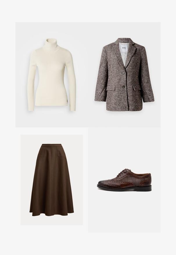 Hnedý blazer s vzorom rybia kosť, so zapínaním na dva gombíky, zúženou klopou a bočnými vreckami. Podšívka, stredne ťažká tkanina.; Krémový sveter s vysokým golierom vyrobený z rebrovanej tkaniny. Obsahuje dlhé rukávy, priliehavý strih a malé logo na leme. Mäkka textúra.; Hnedá ľanová sukňa áčkového strihu s vysokým pásom, vybavená dvoma prednými vreckami a hladkou textúrou, s dĺžkou pod kolená.; Hnedá kožená pánska elegantná obuv wingtip so vzorom brogue a károvanými látkovými bočnými panelmi, zobrazená z boku na bielom pozadí.