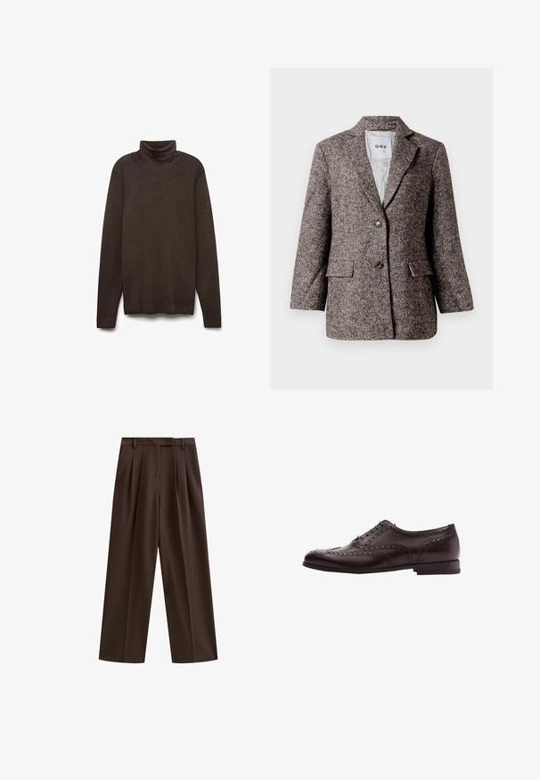 Brun blazer med fiskebensmønster, to knapper, slagkrave og sidelommer. Fôr indvendigt, stof af mellem vægt.; Brun turtleneck sweater lavet af blødt stof. Har lange ærmer, en høj hals og en lige afslutning. Glat tekstur, minimalistisk design.; Brune bredbenede bukser med folder, flad talje og bæltestropper; glat tekstur og skræddersyet design. Ideelle til afslappet eller formelt brug.; Brune læder dress sko med brogue-detaljer, snørebånds lukning, rund tå og en lav stablet hæl. Poleret finish og indviklede perforeringer.