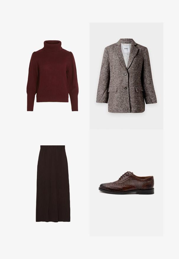 Brun blazer med fiskebensmønster, to knapper, slagkrave og sidelommer. Fôr indvendigt, stof af mellem vægt.; Bordeaux strikket sweater med høj krave, ribbet tekstur, lange ærmer og samlet detaljer på skuldrene.; Brun ribbet nederdel med mellemlang skæring og elastisk talje. Stoffet har en struktureret overflade med lodrette striber.; Brun læder herre wingtip selskabssko med brogue-detaljer og ternede stofsider, vist fra siden på en hvid baggrund.