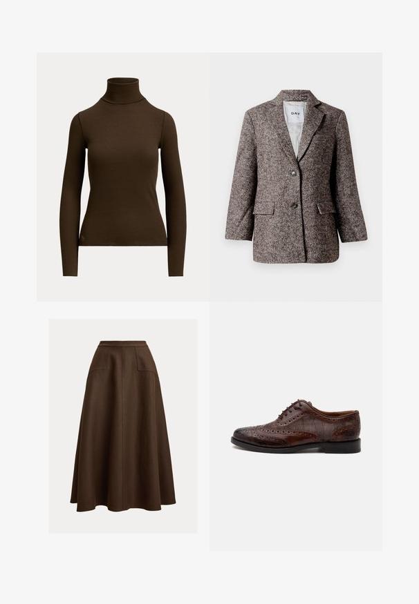 Brun blazer med fiskebensmønster, to knapper, slagkrave og sidelommer. Fôr indvendigt, stof af mellem vægt.; Mørkebrunt langærmet ribstrikket polotrøje med tætsiddende silhuet og lille logo nær den nederste kant foran på venstre side.; Brun linned A-formet nederdel med høj talje, der har to forlommer og en glat tekstur, som falder under knæet.; Brun læder herre wingtip selskabssko med brogue-detaljer og ternede stofsider, vist fra siden på en hvid baggrund.