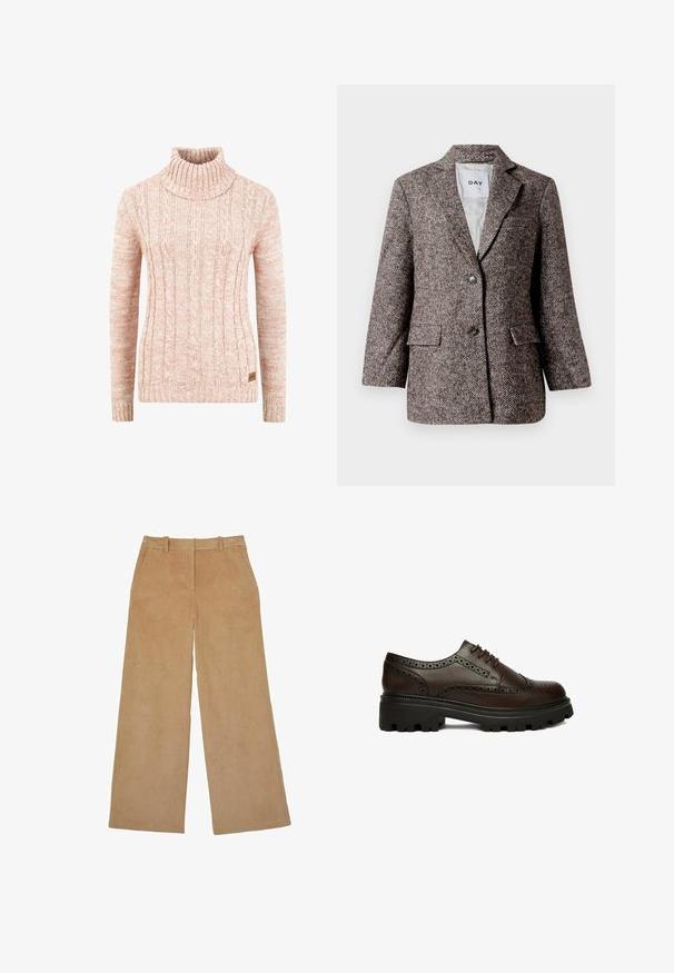 Blazer marrón con patrón de espiga, dos botones, solapa con muesca y bolsillos laterales. Interior forrado, tejido de peso medio.; Suéter de cuello alto de punto en suave melocotón, con patrón de cable texturizado, mangas largas y una etiqueta de marca tejida en el dobladillo.; Pantalones anchos de pana beige con presillas para cinturón, bolsillos laterales y cierre frontal con cremallera.; Zapato brogue de cuero marrón oscuro con detalles perforados y suela gruesa negra con dibujo, visto de lado sobre fondo blanco.
