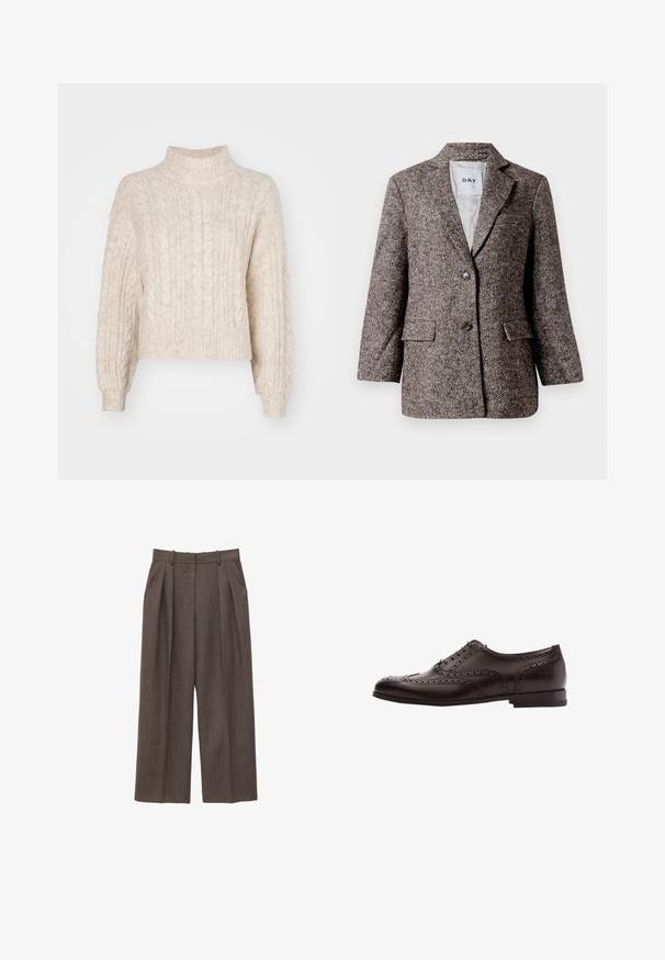 Brun blazer med fiskebensmønster, to knapper, slagkrave og sidelommer. Fôr indvendigt, stof af mellem vægt.; Cremefarvet cropped sweater med høj hals, der har et tekstureret kabelstrikket mønster og lange, let puffede ærmer.; Brune, højtsiddende bukser med vide ben, bæltestropper, læg foran og sidelommer, vist på en hvid baggrund.; Brune læder dress sko med brogue-detaljer, snørebånds lukning, rund tå og en lav stablet hæl. Poleret finish og indviklede perforeringer.