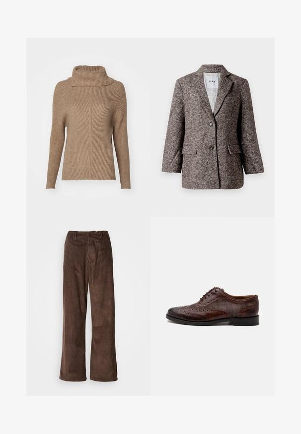 Blazer marron à motif chevron avec deux boutons, col en pointe et poches latérales. Intérieur doublé, tissu de poids moyen.; ONLY ONLKATIA SADDLE ROLL NECK - Pullover - malt ball; Pantalons en velours côtelé marron avec une coupe ample, présentant des côtes verticales et une ceinture. Le tissu a une apparence douce et texturée.; Chaussure habillée homme à bout golf en cuir marron avec détails brogue et panneaux latéraux en tissu à carreaux, vue de côté sur fond blanc.