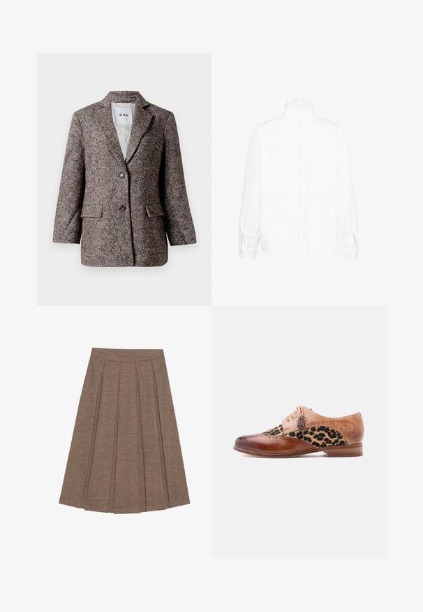 Blazer marron à motif chevron avec deux boutons, col en pointe et poches latérales. Intérieur doublé, tissu de poids moyen.; Blouse blanche à manches longues avec col haut en dentelle et poignets, présentant une bordure en dentelle verticale au centre du dos.; Jupe plissée en tissu marron à motif en chevrons, dotée d'une taille ajustée et d'une silhouette évasée, offrant une texture et un design structurés.; Chaussure de ville en cuir marron avec panneau en tissu imprimé léopard, détails brogue, lacets à pampilles et petit talon en bois.