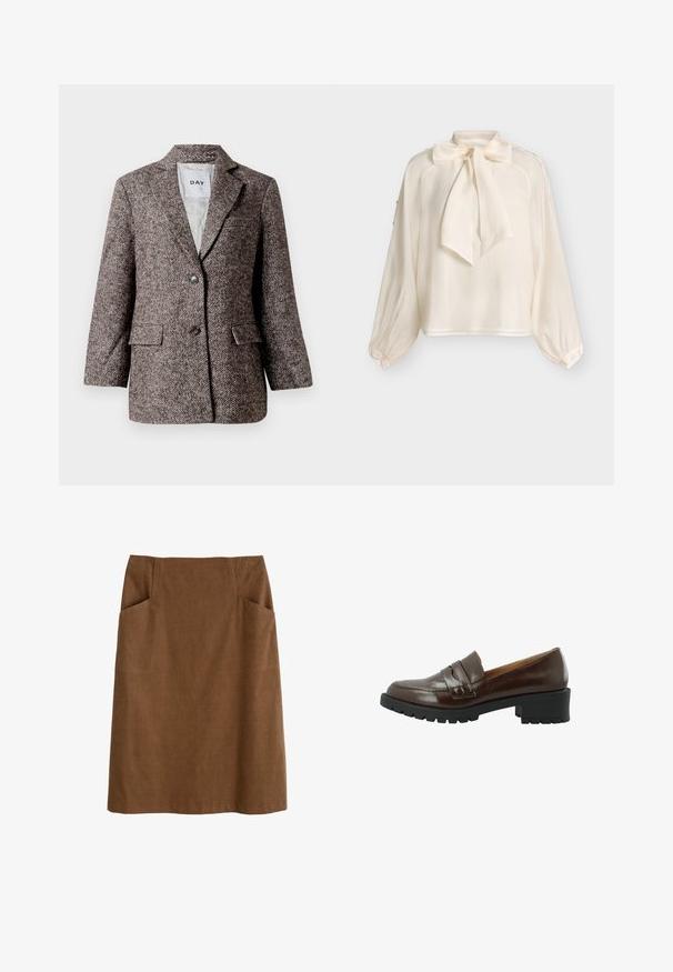 Brun blazer med fiskebensmønster, to knapper, slagkrave og sidelommer. Fôr indvendigt, stof af mellem vægt.; Langærmet cremefarvet bluse med stor sløjfe om halsen og manchetter med knapper, vist mod en ensfarvet lys baggrund.; Brun bomuldsnederdel med en tætsiddende talje, to sidelommer og lige snit. Stoffet har en blød tekstur og en subtil glans.; Brun læder loafers med en tekstureret overflade, der har en markant rem over vampen, en robust sort gummisål og en lav blokhæll.
