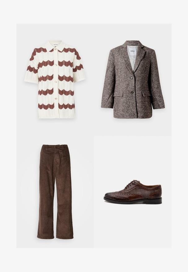 Hnedý blazer s vzorom rybia kosť, so zapínaním na dva gombíky, zúženou klopou a bočnými vreckami. Podšívka, stredne ťažká tkanina.; Pletený kardigán s krátkym rukávom s vlnitým vzorom v tmavohnedej a krémovej farbe, s golierom a zapínaním na gombíky. Textúrovaná tkanina.; Hnedé kordové nohavice so širokým strihom, s vertikálnymi rebrami a pásom. Tkanina má jemný, textúrovaný vzhľad.; Hnedá kožená pánska elegantná obuv wingtip so vzorom brogue a károvanými látkovými bočnými panelmi, zobrazená z boku na bielom pozadí.