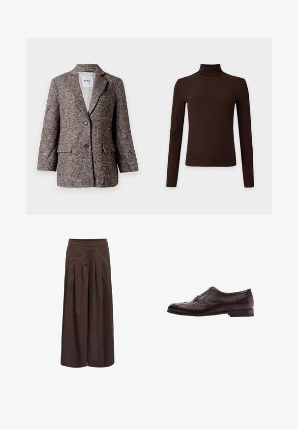 Blazer marron à motif chevron avec deux boutons, col en pointe et poches latérales. Intérieur doublé, tissu de poids moyen.; Haut à col roulé côtelé marron foncé à manches longues avec silhouette ajustée sur fond clair uni.; Pantalon marron à jambes larges avec plis devant et taille ajustée, fabriqué en tissu léger, présenté sur fond blanc.; Chaussure habillée brogue en cuir brun foncé pour homme avec perforations en forme d'ailes et lacets, montrée en profil latéral sur fond blanc.