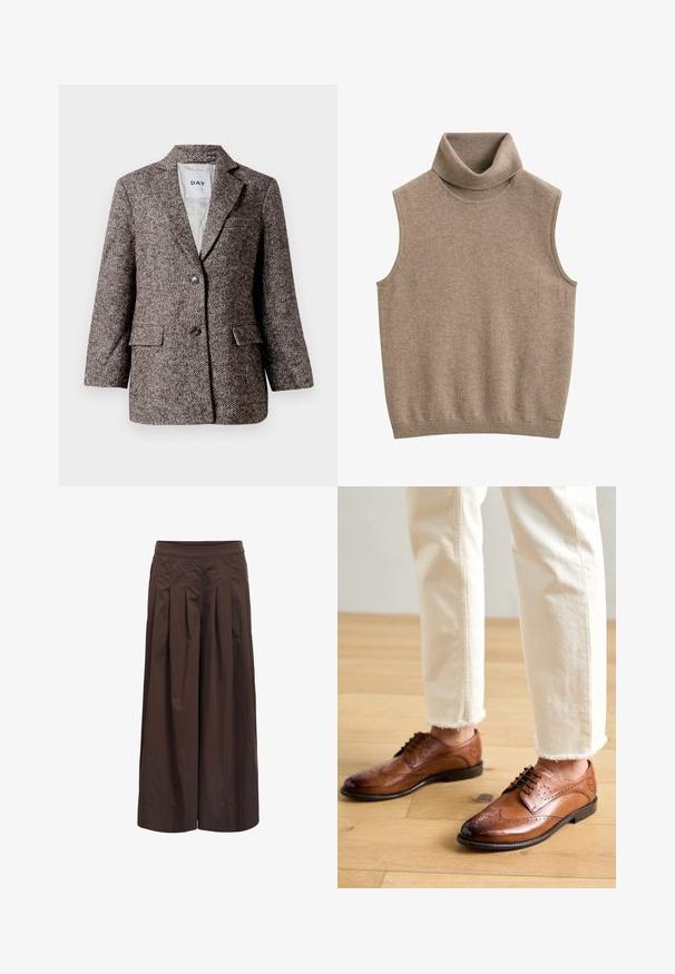 Blazer marron à motif chevron avec deux boutons, col en pointe et poches latérales. Intérieur doublé, tissu de poids moyen.; Gilet sans manches beige en maille avec col roulé et bord-côtes au niveau du col et de l'ourlet, en tissu doux.; Pantalon marron à jambes larges avec plis devant et taille ajustée, fabriqué en tissu léger, présenté sur fond blanc.; Chaussures brogues en cuir marron avec des détails perforés, bout arrondi et finition lisse, associées à un pantalon crème à ourlet effiloché.