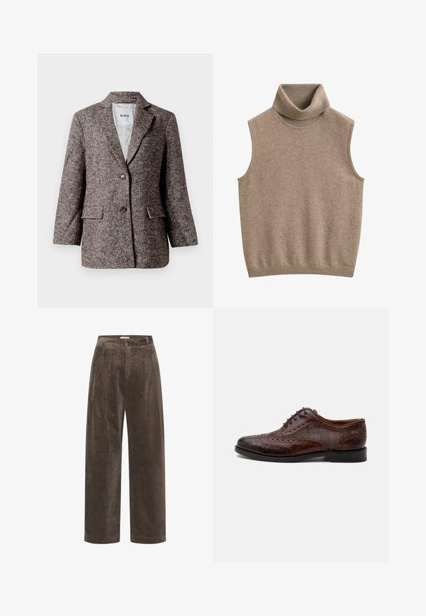Blazer marrón con patrón de espiga, dos botones, solapa con muesca y bolsillos laterales. Interior forrado, tejido de peso medio.; Chaleco de punto beige sin mangas con cuello alto y ribete acanalado en cuello y dobladillo, hecho de tela suave.; Pantalones de pana marrón de pierna ancha con pliegues, que presentan una textura suave y una cintura de altura media. Los acabados del dobladillo son limpios y rectos.; Zapato de vestir masculino wingtip de cuero marrón con detalles brogue y paneles laterales de tela a cuadros, mostrado de perfil sobre fondo blanco.