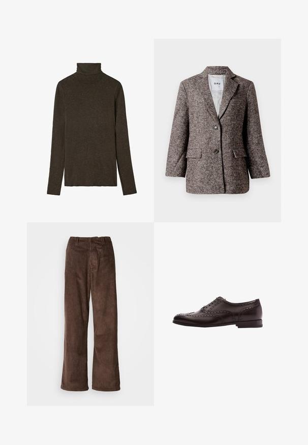 Blazer marrón con patrón de espiga, dos botones, solapa con muesca y bolsillos laterales. Interior forrado, tejido de peso medio.; Top de cuello alto marrón oscuro hecho de una tela suave y texturada. Presenta mangas largas y un diseño ajustado, con un escote liso.; Pantalones de pana marrones con un diseño de pierna ancha, que presentan costuras verticales y una cinturilla. La tela tiene una apariencia suave y texturizada.; Zapato de vestir de cuero marrón con detalles de brogue, cierre con cordones, puntera redondeada y un tacón bajo apilado. Acabado pulido y perforaciones intrincadas.