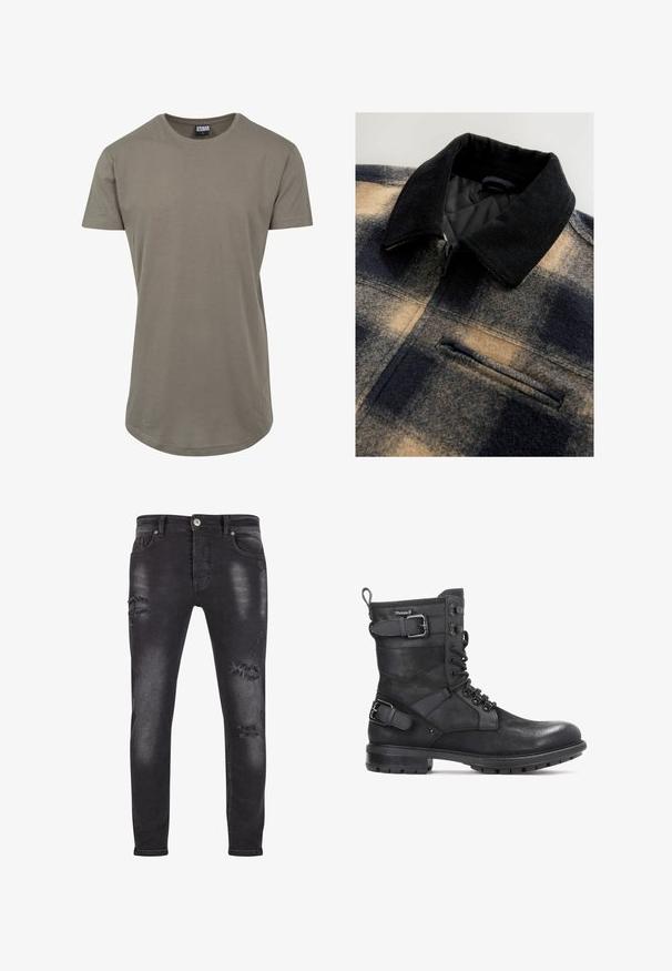 Chaqueta de lana a cuadros con cuello de pana negro, cierre de cremallera y bolsillo en el pecho; presenta una mezcla de tonos marrón oscuro y beige en una textura suave.; Camiseta verde oliva fabricada en algodón suave, con un escote redondeado y mangas cortas, y un dobladillo curvado más largo para un ajuste relajado.; Jeans de denim negro con un ajuste slim, que presentan detalles desgastados y parches deshilachados, un ligero desvanecimiento y cierre estándar de botón y cremallera.; Kazar HEARD - Botines camperos - black