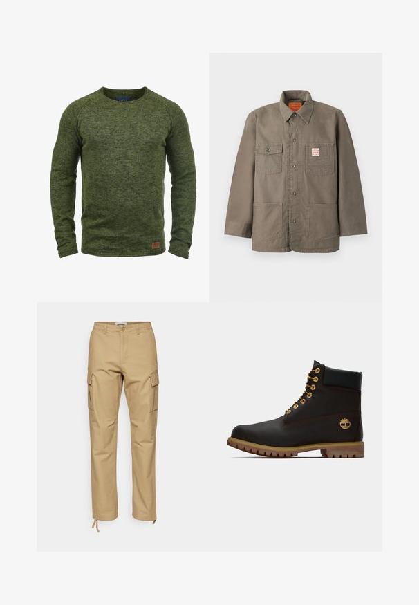Brun knappet jakke med fire frontlommer, hvoraf en har et rødt og hvidt Levi's-mærke, og en klassisk krave.; Grøn sweater lavet af struktureret strikstof, med rund hals, lange ærmer og et lille brunt logo-patch på den nederste front.; Khaki cargo bukser med lige pasform, lavet af bomuld. Funktioner inkluderer sidelommer, en knaplukning og justerbare ankeltie.; Sorte læder ankelstøvle med gyldne øjer, brune detaljer og gummisål. Har en polstret krave og præget logo på siden.