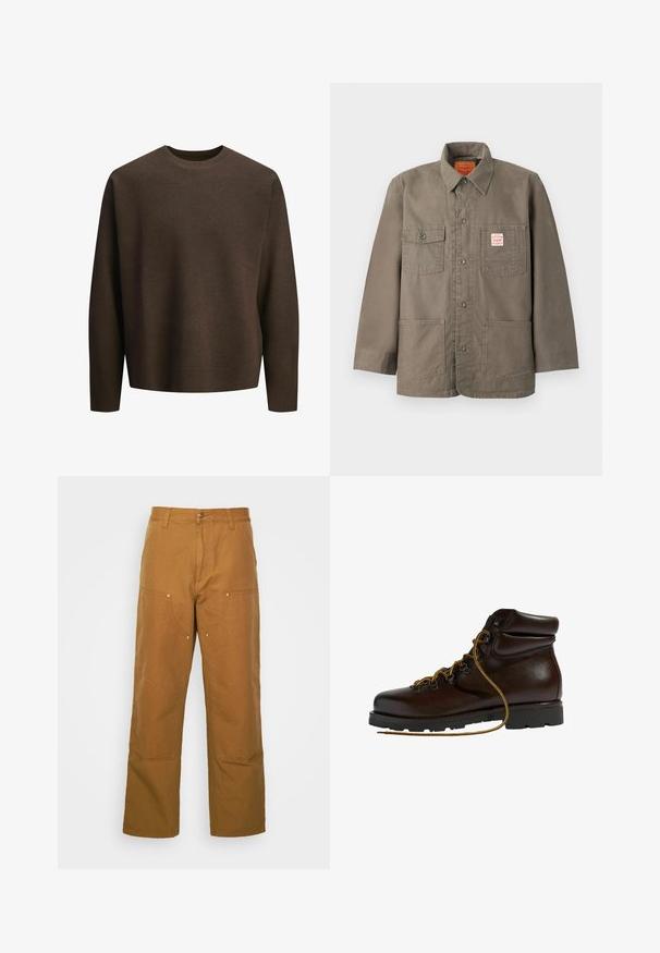 Bruine jas met knopen, vier zakken aan de voorkant, waarvan één met een rood-wit Levi's-label, en een klassieke kraag.; Bruine crewneck trui met lange mouwen, gemaakt van een zachte stof. Heeft een relaxte pasvorm en geribbelde manchetten.; Bruine katoenen utility broeken met een rechte pijpdesign, voorzien van voorzakken en metalen hardware accenten voor extra duurzaamheid.; Bruine leren wandelschoen met een ronde neus, gestructureerd oppervlak, gele veters en metalen oogjes. Heeft een robuuste zwarte rubberen zool.