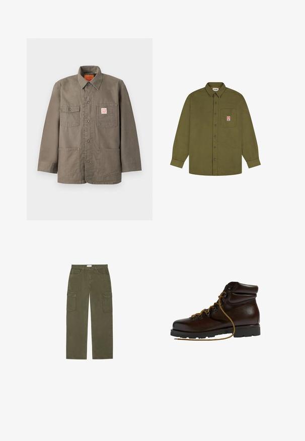 Braune Jacke mit Knopfleiste, vier Fronttaschen, davon eine mit rotem und weißem Levi's-Label, und klassischem Kragen.; Wrangler LOOSE FIT - Hemd - beech; Olivgrüne Cargo-Hose mit geradem Bein, zwei großen Seitentaschen und klassischer Fünf-Taschen-Optik. Hergestellt aus strapazierfähigem Baumwollmaterial.; Brauner Leder-Wanderschuh mit abgerundetem Zeh, strukturierten Oberflächen, gelben Schnürsenkeln und Metallösen. Enthält eine robuste schwarze Gummisohle.