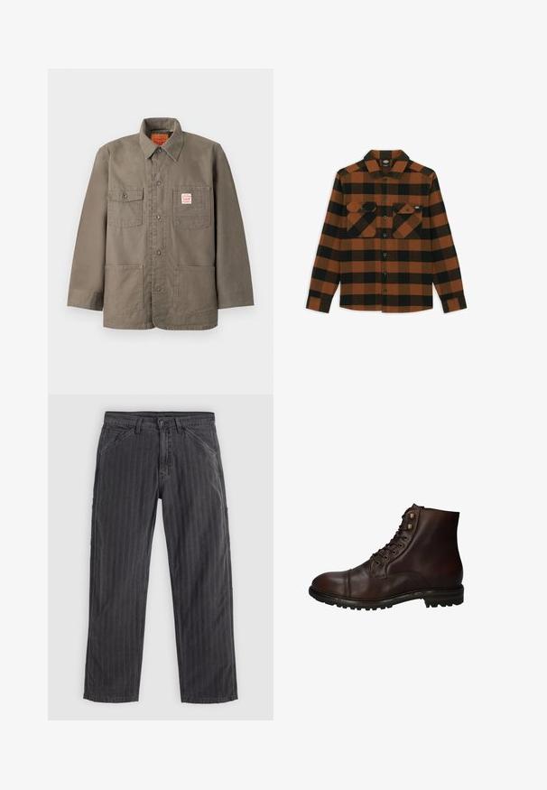 Veste boutonnée marron avec quatre poches à l'avant, dont une avec une étiquette Levi's rouge et blanche, et un col classique.; Chemise à manches longues en motif écossais orange et noir, fabriquée dans un tissu texturé. Comprend deux poches poitrine et une fermeture à boutons.; Pantalons à rayures noires en tissu mélangé coton. Présentent un design à jambe droite, des poches latérales et une fermeture à bouton.; Bottines montantes en cuir brun foncé à lacets, avec une semelle en caoutchouc robuste et des œillets en métal, vues du côté extérieur.