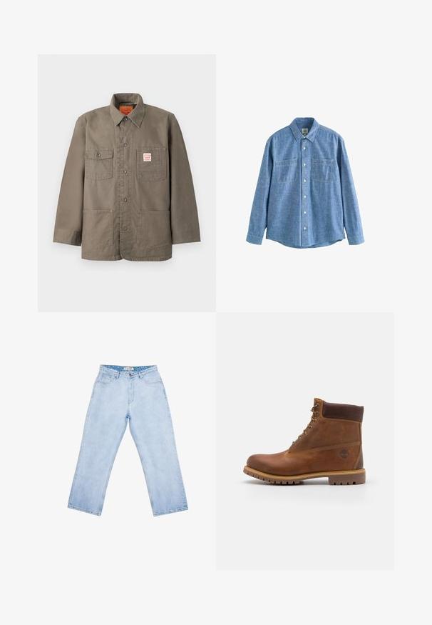 Bruine jas met knopen, vier zakken aan de voorkant, waarvan één met een rood-wit Levi's-label, en een klassieke kraag.; Blauw chambray overhemd met lange mouwen, knoopsluiting aan de voorkant en twee borstzakken, plat gelegd op een witte achtergrond.; Lichtblauwe high-waist jeans met rechte pijpen, voorzakken, riemlussen, knoopsluiting en een gebrand binnenlabel aan de tailleband.; Bruine leren wandelschoen met een gladde afwerking, gevoerde enkel, metalen oogjes en een rubberen zool met een robuust profiel.