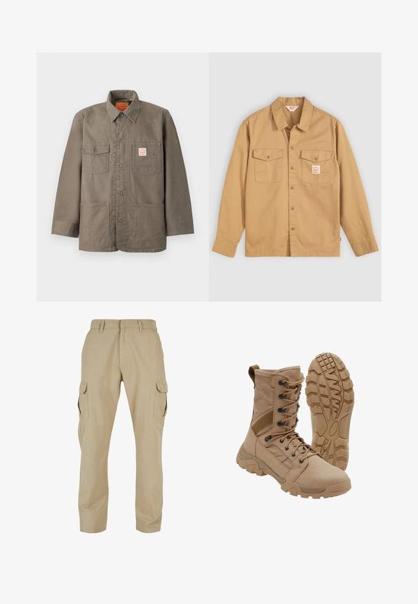 Pruun nööbitahtlaga jakk nelja eesmist taskuga, üks neist punase ja valge Levi's sildiga, ning klassikalise kraega.; Kollane nööbideta särk pika varrukaga, kahe rinnataskuga ja väikese etiketiga. Valmistatud puuvillast, millel on sile tekstuur ja klassikaline krae disain.; Beige cargo püksid, mis on valmistatud puuvillast twill-kangast, mitmete küljetaskutega, sirge jala disainiga ja lukuga põhipaela ning vöökandjatega.; Pruun taktikaline saabas sääreni paeltega kinnituse ja vastupidava kummist tallaga, üks saabas püsti ja teine näitab tallamustri.