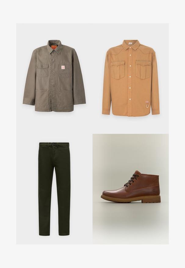 Veste boutonnée marron avec quatre poches à l'avant, dont une avec une étiquette Levi's rouge et blanche, et un col classique.; Chemise en denim marron avec deux poches poitrine, col pointu, devant boutonné et coutures contrastées. Présente un patch logo et un détail boucle.; Pantalon slim vert foncé avec fermeture par bouton et zip, passants de ceinture et poches avant, présenté sur un fond clair uni.; Bottine marron en cuir à lacets avec semelle en caoutchouc, couture simple et petit logo embossé près du talon sur fond clair.