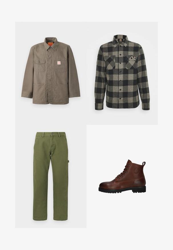 Bruine jas met knopen, vier zakken aan de voorkant, waarvan één met een rood-wit Levi's-label, en een klassieke kraag.; Zwart en grijs geblokt flanellen shirt met lange mouwen, knoopsluiting aan de voorkant, twee borstzakken en een licht gebogen zoom. Gegarneerde stof.; Rechstreekse olijfgroene broek met voorzakken, riemlussen, knoopsluiting en een zijlus voor hulpmiddelen op een effen achtergrond.; Bruine leren enkelboot met een gestructureerd oppervlak, zes veterogen, een zwarte rubberen zool en een lus voor gemakkelijk aan- en uittrekken.