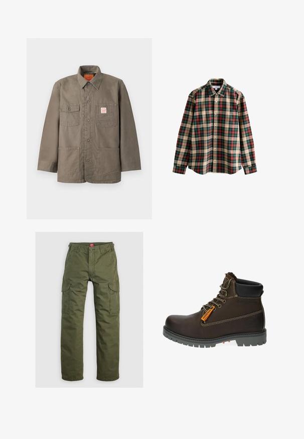 Brun knappet jakke med fire frontlommer, hvoraf en har et rødt og hvidt Levi's-mærke, og en klassisk krave.; Langærmet, knap-op skjorte i et ternet mønster med rød, grøn og beige. Fremstillet af et blødt stof med en klassisk krave og en afslappet pasform.; Olivengrønne cargo bukser lavet af slidstærkt stof, med sidelommer, knaplukning og lige ben design.; Brun læder ankelstøvle med grå gummisål, orange accentmærke og metaløjer. Har kontraststikning og polstret krave.