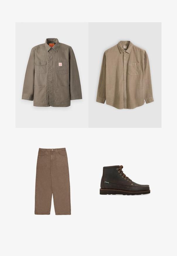 Brun knappet jakke med fire frontlommer, hvoraf en har et rødt og hvidt Levi's-mærke, og en klassisk krave.; Langærmet skjorte med knapper i kaki-lærred. Har en enkelt brystlomme og en klassisk krave. Tekstureret stof med en afslappet pasform.; Brune brede benbukser lavet af bomuld, med to forlommer og knaplukning. Stoffet har en blød tekstur og matt finish.; Sebago Snørestøvletter - marrone