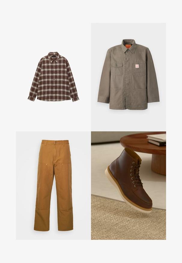 Veste boutonnée marron avec quatre poches à l'avant, dont une avec une étiquette Levi's rouge et blanche, et un col classique.; Chemise à manches longues à carreaux marron et blanc avec col et boutons, posée à plat sur un fond blanc.; Pantalons utilitaires en coton marron avec une coupe droite, dotés de poches avant et d'accents en métal pour une durabilité accrue.; Bottine en cuir marron avec semelle beige sur un tapis beige texturé à côté d'une table ronde en bois avec des livres empilés.