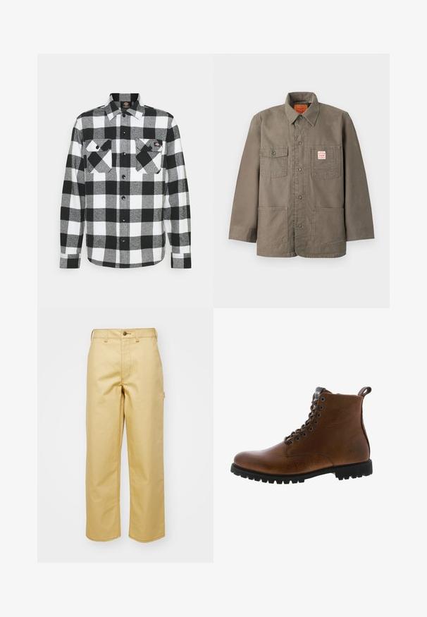 Braune Jacke mit Knopfleiste, vier Fronttaschen, davon eine mit rotem und weißem Levi's-Label, und klassischem Kragen.; Schwarz-weißes Flanellhemd mit Karomuster, ausgestattet mit zwei Brusttaschen, Knopfleiste und Kragen. Weicher, strukturierten Stoff.; Beige, weit geschnittene Hose aus Baumwolle mit einem Knopfverschluss vorne, Gürtelschlaufen und Seitentaschen. Glatte Textur mit sichtbaren Nähdetails.; Braune Lederstiefeletten mit strukturiertem Finish, metallischen Ösen und schwarzer Gummisohle. Mit Zuglasche hinten für einfaches An- und Ausziehen.