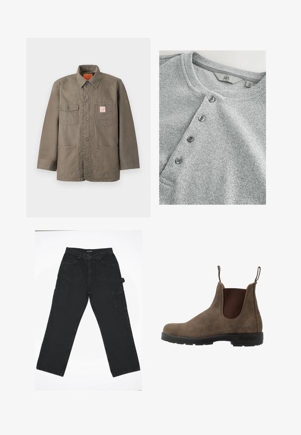 Chaqueta marrón con botones, cuatro bolsillos delanteros, uno con una etiqueta Levi's roja y blanca, y un cuello clásico.; Camisa de punto gris de manga larga con cuello redondo, tapeta de cinco botones, textura acanalada y un diseño ajustado. La etiqueta indica talla M.; Pantalones de mezclilla negra con un diseño de pierna recta, que cuentan con un cierre frontal de botón, bolsillos traseros y un bolsillo lateral tipo cargo.; Bota Chelsea de cuero marrón con paneles laterales elásticos, lengüetas y una suela de goma negra con un dibujo texturizado para mayor agarre.