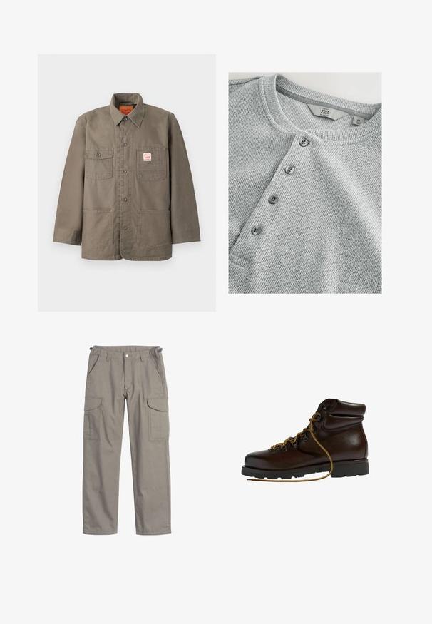 Chaqueta marrón con botones, cuatro bolsillos delanteros, uno con una etiqueta Levi's roja y blanca, y un cuello clásico.; Camisa de punto gris de manga larga con cuello redondo, tapeta de cinco botones, textura acanalada y un diseño ajustado. La etiqueta indica talla M.; Pantalones cargo de tejido gris claro, con dos grandes bolsillos laterales, bolsillos frontales, cierre de botón y un ajuste holgado.; Botas de senderismo de cuero marrón con punta redondeada, superficie texturizada, cordones amarillos y ojales de metal. Cuentan con una suela de goma negra resistente.
