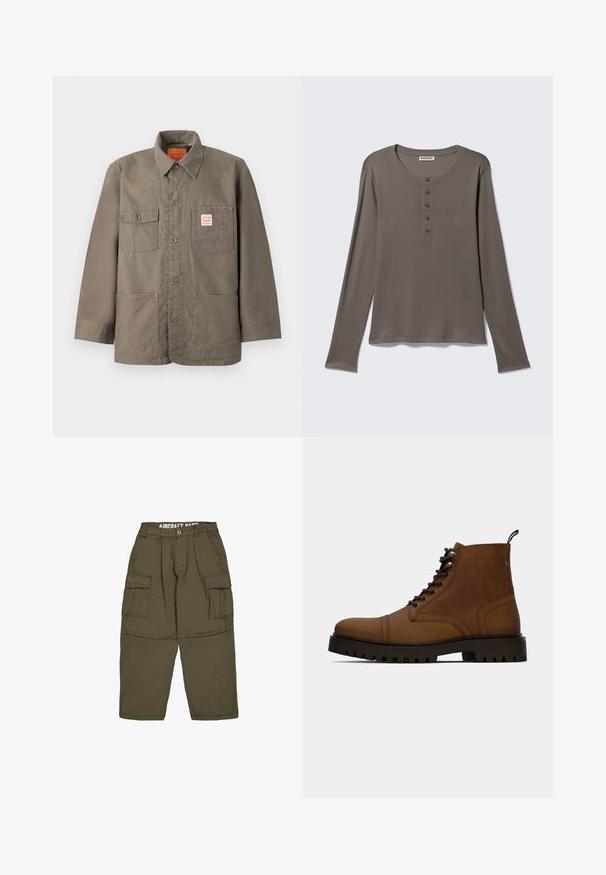 Brun knappet jakke med fire frontlommer, hvoraf en har et rødt og hvidt Levi's-mærke, og en klassisk krave.; Grå henley-shirt med lange ærmer, fem knapper og rund halsudskæring, vist på en ensartet hvid baggrund.; Olivengrønne cargobukser med knap- og lynlåslukning, bæltestropper og to store klaplommer på lårene.; Brun læder snørefri ankelstøvle med tyk sort sål og hængslet på en hvid baggrund.